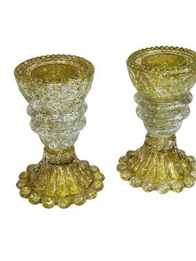 Vintage Crackle Glass Candle Holders - Pair Of Yellow Bubble Base Votive Holders